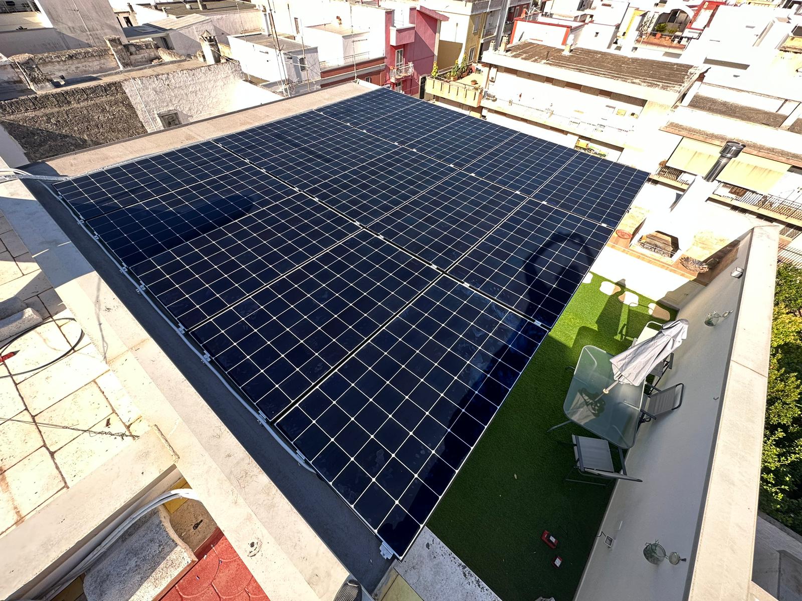 Pannelli solari su tetto, vista aerea; zona relax con prato artificiale.